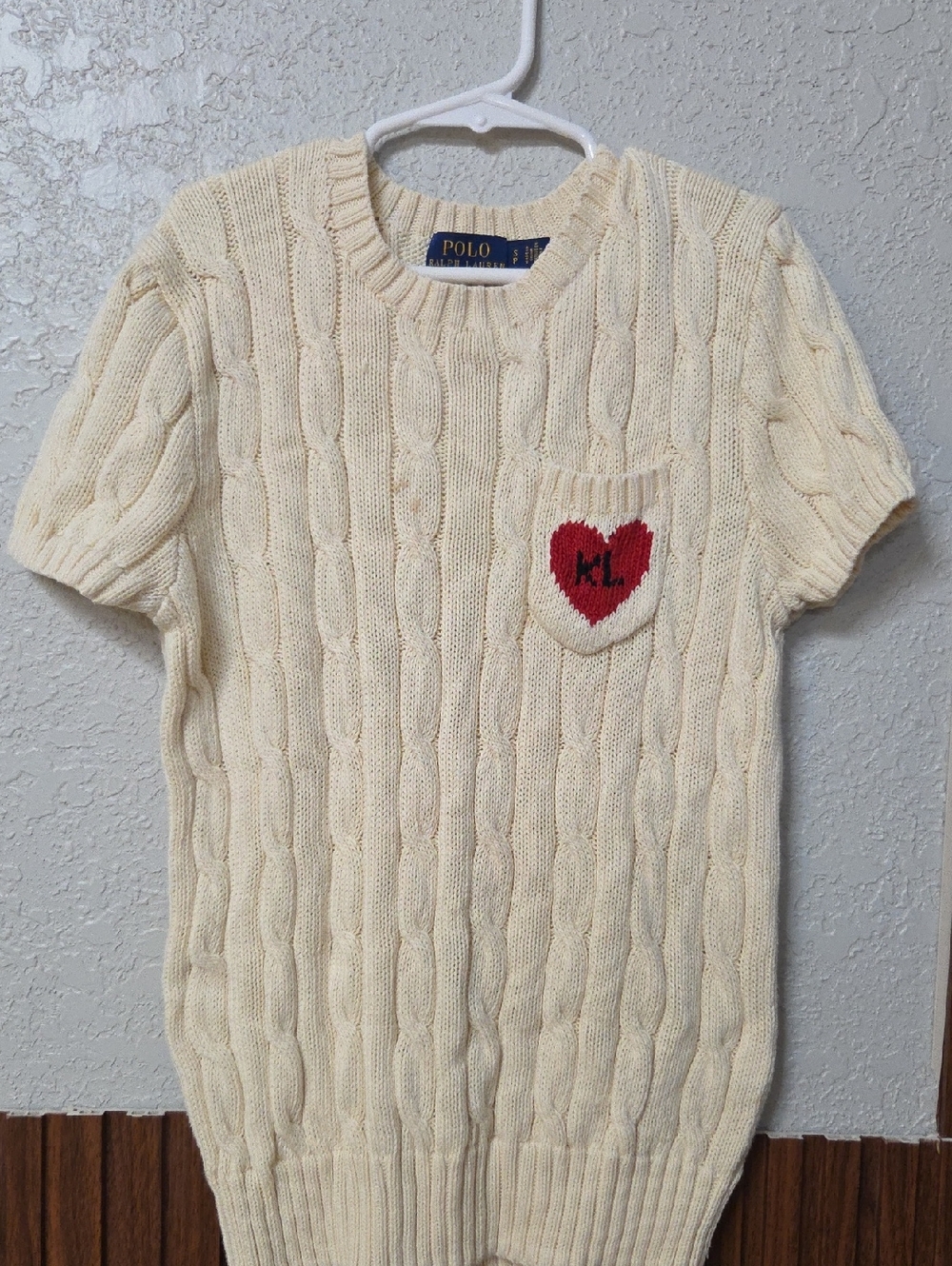 Polo by Ralph Lauren Cream Cable Knit Short Sleeve Sweater with Red Heart Pocket